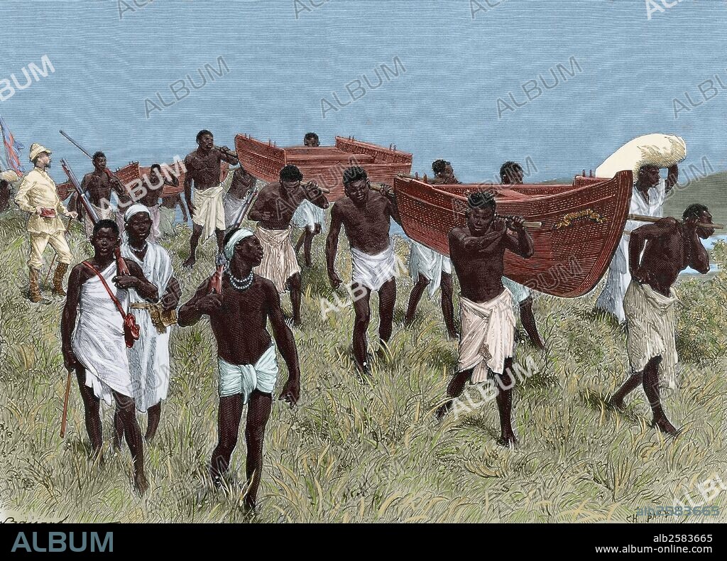 HISTORIA DE AFRICA. EXPLORACIONES. Henry Morton Stanley (1841-1904). Periodista y explorador inglés. Porteadores africanos transportando secciones del Lady Alice. Grabado coloreado de "El Mundo Ilustrado", 1880.