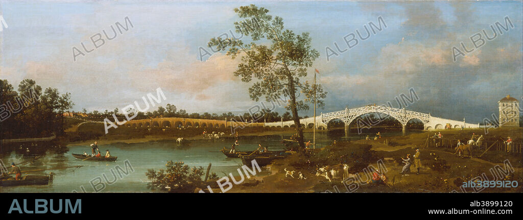 CANALETTO. Old Walton Bridge. Date/Period: 1755. Painting. Oil on canvas. Height: 460 mm (18.11 in); Width: 1,222 mm (48.11 in).