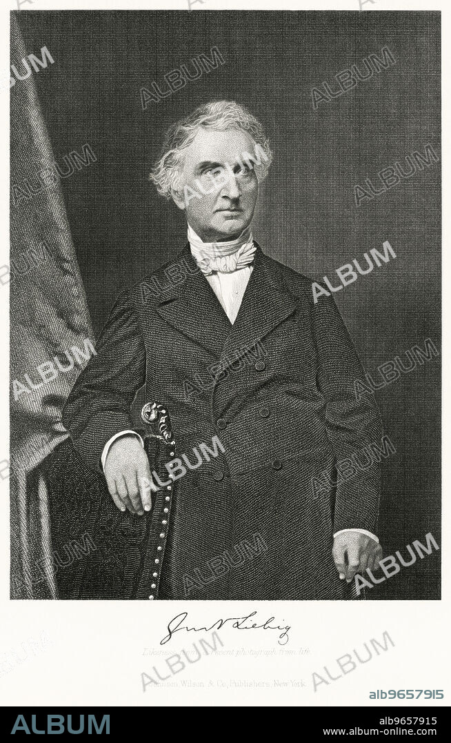 Justus, Baron von Liebig (1803-73), German Chemist, Made Significant Contributions to the Analysis of Organic Compounds, the Organization of Laboratory-based Chemistry Education, and the Application of Chemistry to Biology and Agriculture, Half-Length Portrait, Steel Engraving, Portrait Gallery of Eminent Men and Women of Europe and America by Evert A. Duyckinck, Published by Henry J. Johnson, Johnson, Wilson & Company, New York, 1873.