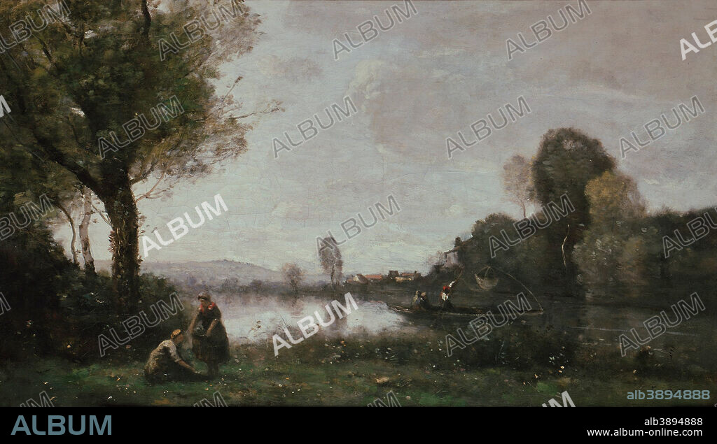 CAMILLE COROT. Seine Landscape near Chatou. Date/Period: 1855. Painting. Oil on canvas. Height: 37 cm (14.5 in); Width: 64 cm (25.1 in).