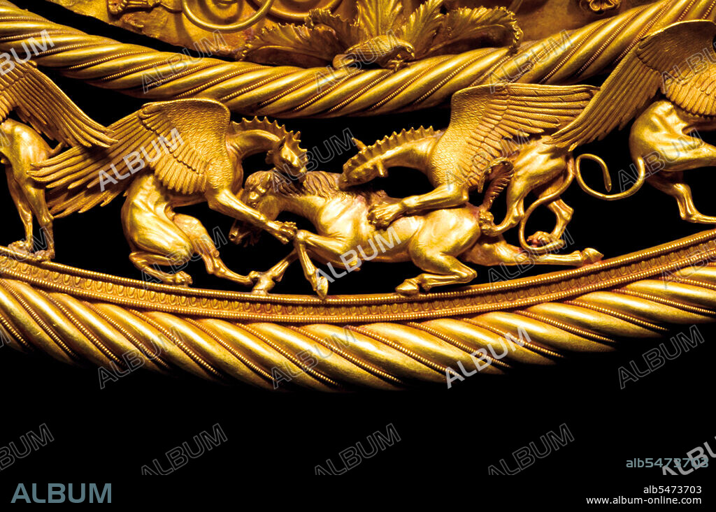 Detail from a golden Scythian pectoral from the royal grave in the Tolstaja Mogila Kurgan, middle of 4th century BCE. Museum of Historical Treasures of Ukraine, Kiev. Image released to the press in 2009. The Scythians were an ancient Iranian people of horse-riding nomadic pastoralists who throughout Classical Antiquity dominated the Pontic-Caspian steppe, known at the time as Scythia. By Late Antiquity the closely-related Sarmatians came to dominate the Scythians in the west.