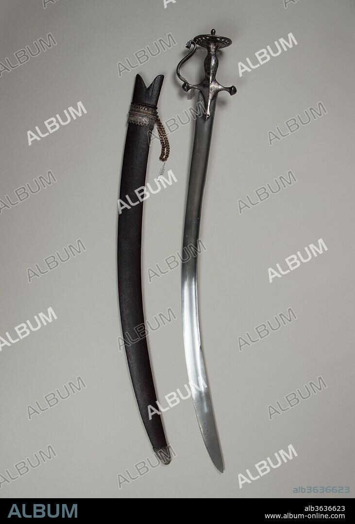 Sword (Talwar) with Scabbard. Culture: Indian. Dimensions: H. with scabbard 35 in. (88.9 cm); H. without scabbard 34 15/16 in. (88.7 cm); W. 4 7/8 in. (12.4 cm); Wt. 2 lb. 5.1 oz. (1051.8 g); Wt. of scabbard 6.1 oz. (172.9 g). Date: 18th century.