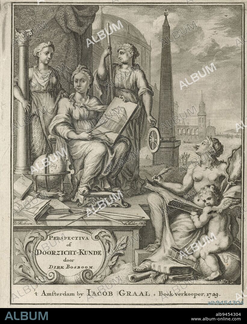 Allegory of architecture, Joseph Mulder, after Dirck Bosboom, 1729, On an elevation are gathered personifications of architecture. On the left a standing woman holding a column, in the center a seated woman with compass, showing the drawing of a building, and on the right the Geometry with a ruler and an optical measuring instrument. To the right, Prudence (or also Wisdom), with mirror and serpent, sits writing in her book. Amor holds up the inkwell. In the background buildings., print maker: Joseph Mulder, (mentioned on object), Dirck Bosboom, (mentioned on object), publisher: Jacob Graal, (mentioned on object), Amsterdam, 1729, paper, etching, engraving, h 166 mm × w 133 mm.