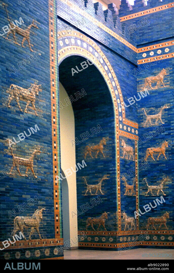 Reconstruction of the Ishtar Gate; the eighth gate to the inner city of Babylon. It was constructed in about 575 BCE by order of King Nebuchadnezzar II on the north side of the city. It was excavated in the early 20th century and a reconstruction using original bricks is now shown in the Pergamon Museum, Berlin.