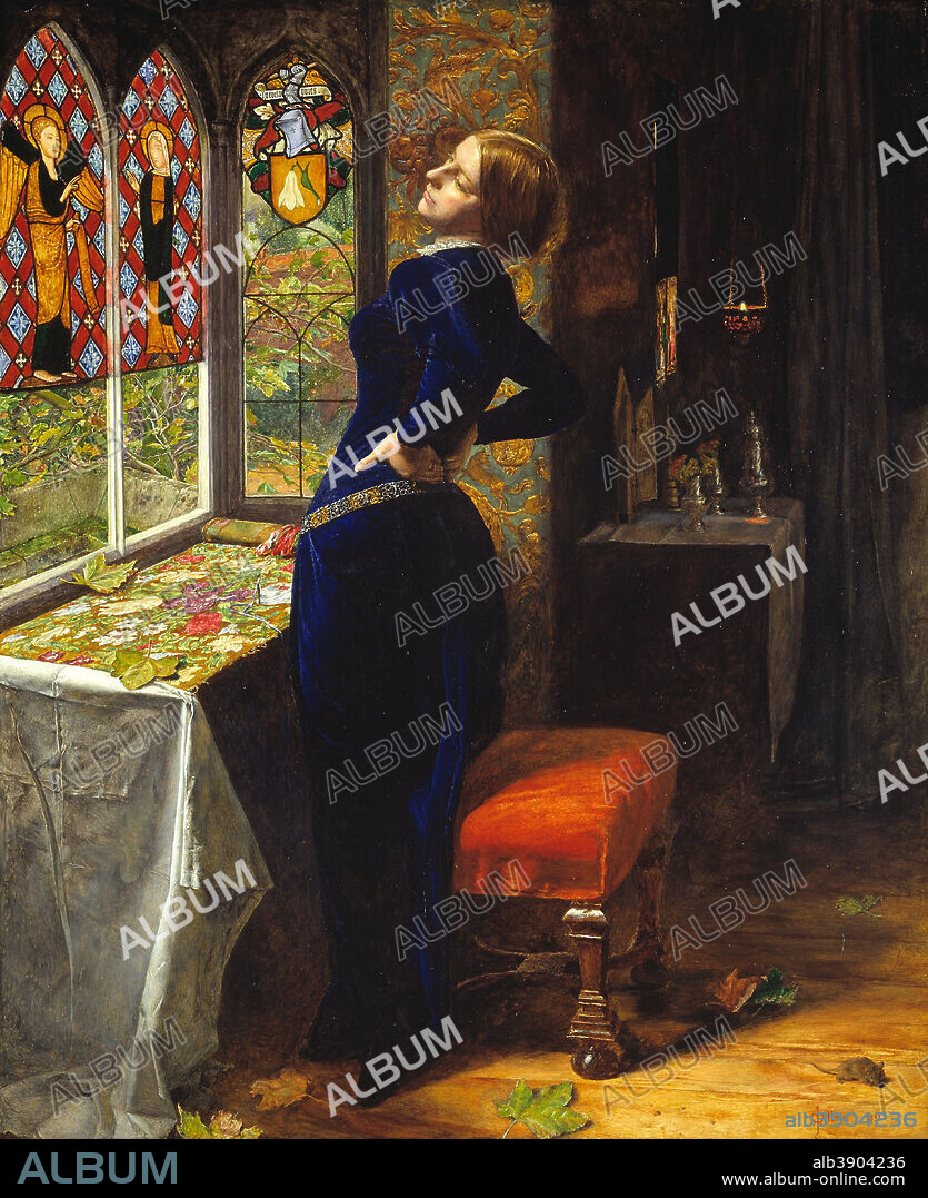 JOHN EVERETT MILLAIS. Mariana. Date/Period: 1851. Painting. Oil on mahogany wood. Height: 59.7 cm (23.5 in); Width: 49.5 cm (19.4 in).