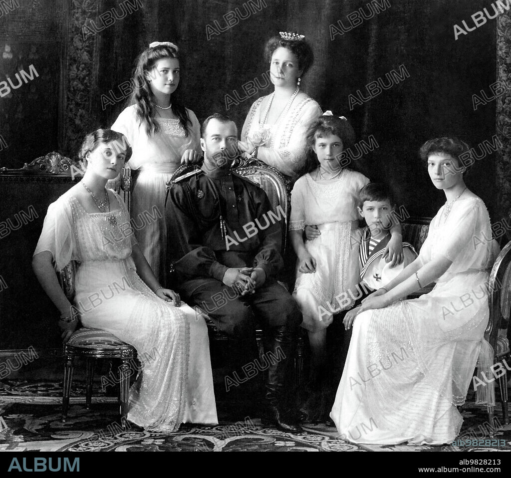 Nicholas II of Russia with the family (left to right): Olga, Maria, Nicholas II, Alexandra Fyodorovna, Anastasia, Alexei, and Tatiana. Livadiya, Crimea, 1913. Portrait by the Levitsky Studio , Livadia.