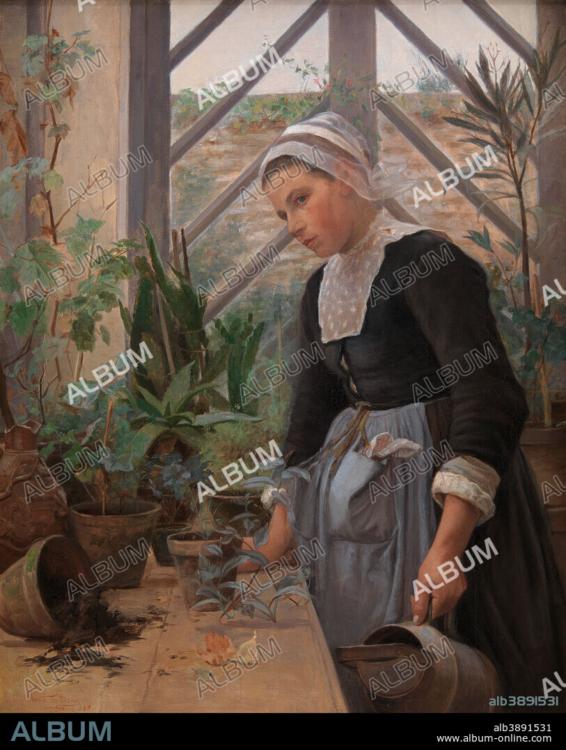 ANNA PETERSEN. Breton Girl Looking After Plants in the Hothouse. Date/Period: 1884. Painting. Oil on canvas. Height: 1,210 mm (47.63 in); Width: 1,100 mm (43.30 in).
