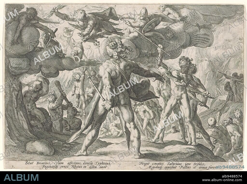 Battle between the gods and the giants, Metamorphoses of Ovid (series title), The giants attempt to conquer from the earth through mountains and with clubs the sky where the Olympian gods reside. The gods fight back with weapons like a spear, lightning and trident. In the lower margin a four-line explanation, in two columns, in Latin., print maker: Hendrick Goltzius, (workshop of), after design by: Hendrick Goltzius, Franco Estius, Haarlem, 1589, paper, engraving, height 178 mm × width 255 mm.