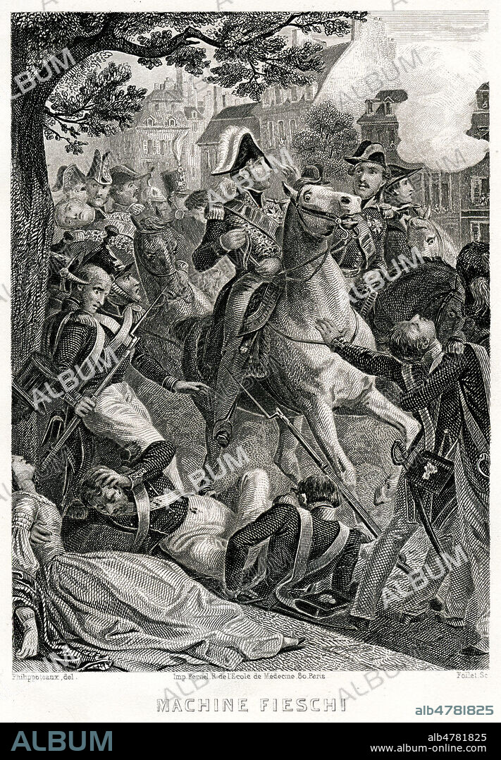 Machine Fieschi (attentat contre la famille royale par Giuseppe FIESCHI (1790-1836) le 21 juillet 1835). Illustration de Felix PHILIPPOTEAUX pour Histoire de deux Siecles ou La Cour, l'Eglise et le Peuple depuis 1700 jusqu'a nos jours par Alexandre DUMAS (1802-1870) et continue par Paul LACROIX (1806-1884). Credit : Collection Jonas/Kharbine-Tapabor.