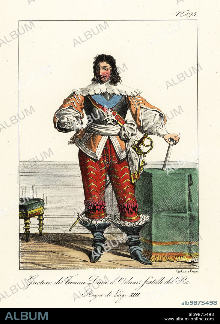 Monsieur Gaston, Duke of Orleans, 1608-1660, brother of King Louis XIII. In breastplate, doublet, lace collar, pantalons, cavalier boots, court sword. Gaston de France, Duc d'Orleans, Frere du Roi, Regne de Louis XIII. Handcoloured lithograph by Lorenzo Bianchi and Domenico Cuciniello after Hippolyte Lecomte from Costumi civili e militari della monarchia francese dal 1200 al 1820, Naples, 1825. Italian edition of Lecomtes Civilian and military costumes of the French monarchy from 1200 to 1820.