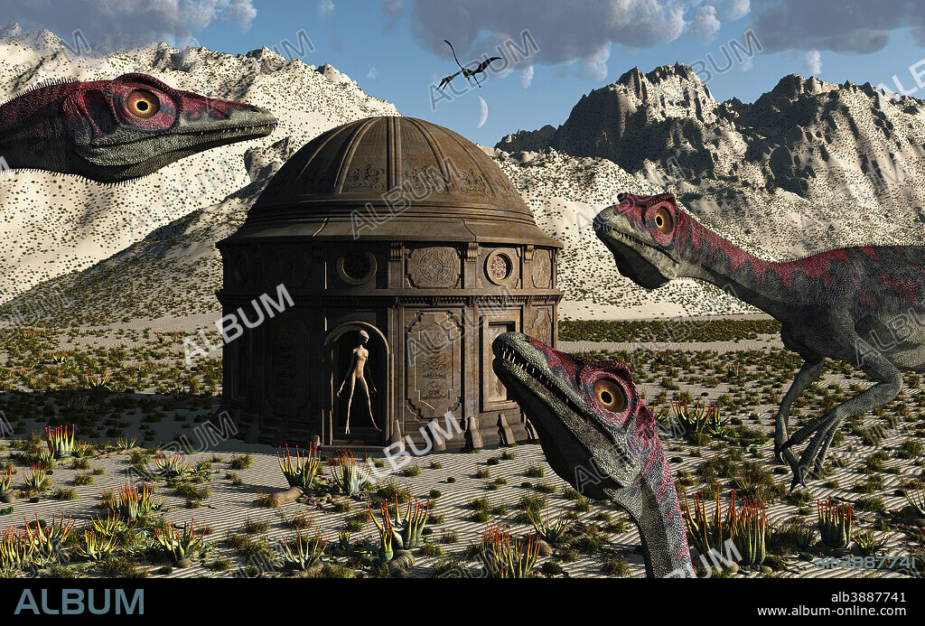 A group of Compsognathus dinosaurs are more than a little curious about a reptoid building that stands alone with a keeper on the deserts edge. Way back in prehistoric times there existed a reptoid race who co-existed alongside the dinosaurs. Their buildings were monumental and their civilization cultured, but like the dinosaurs, they too have become extinct.