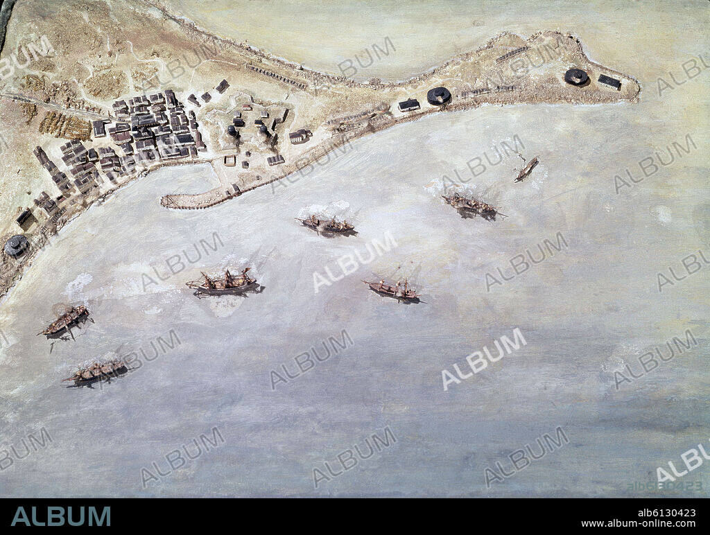 MAQUETA DE LA BATALLA DEL CALLAO - GUERRA ENTRE PERU Y ESPAÑA - 1866.