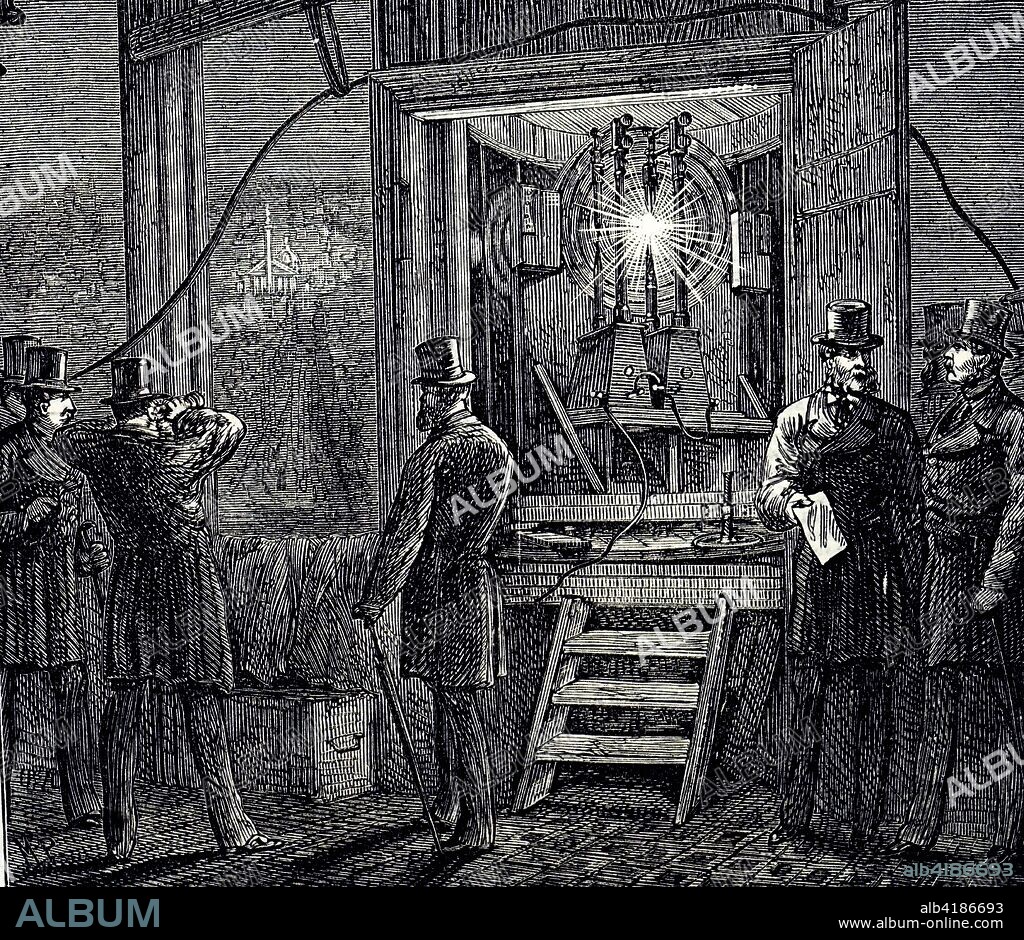 Engraving depicting a carbon arc lamp with Chance Bros optics and powered by a Gramme dynamo, used to light the beacon at the top of the Victoria Clock Tower. Dated 19th century.