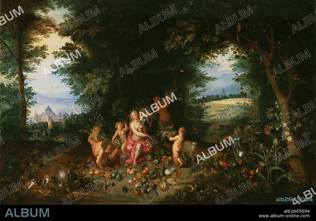 Landscape with Ceres (Allegory of Earth); Jan Brueghel the Younger, Flemish, 1601 - 1678, Hendrik van Balen, Flemish, 1575 - 1632; 1630s; Oil on panel; Unframed: 52.5 x 81.5 cm (20 11/16 x 32 1/16 in.), Framed: 69.2 x 97.2 x 6.4 cm (27 1/4 x 38 1/4 x 2 1/2 in.).