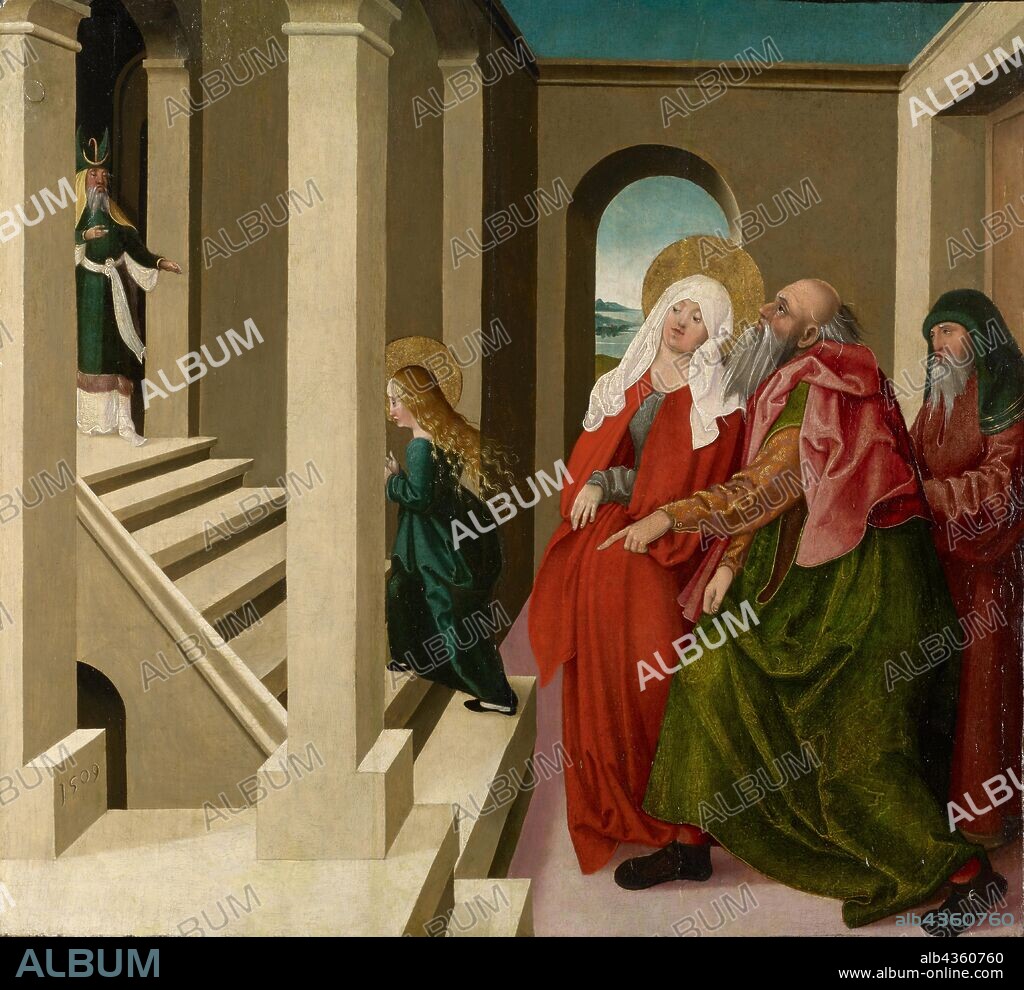 The temple passage of Mary, 1509, oil on spruce wood, 64.5 x 69.5 cm, unsigned, but dated on the pillar base left front: 1509, Bayerischer Meister, 16. Jh.