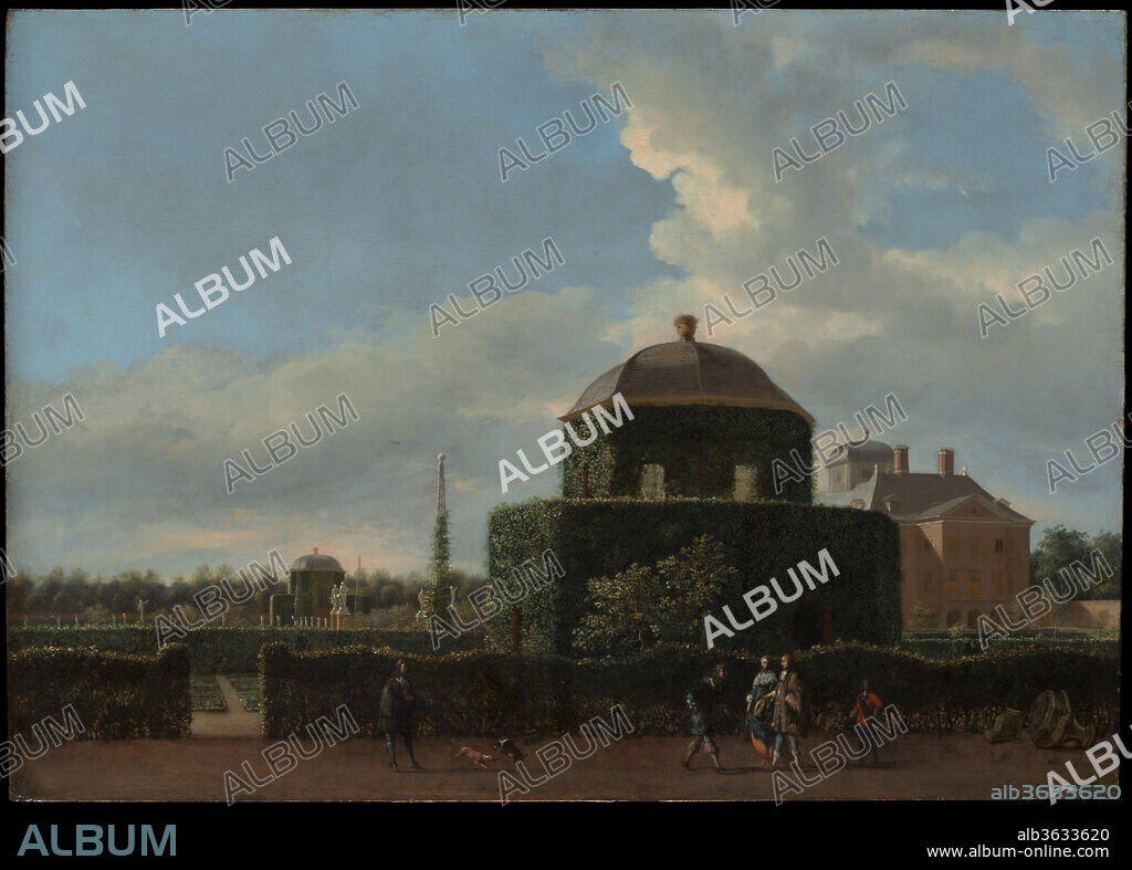 The Huis ten Bosch at The Hague and Its Formal Garden (View from the East). Artist: Jan van der Heyden (Dutch, Gorinchem 1637-1712 Amsterdam). Dimensions: 15 3/8 x 21 5/8 in. (39.1 x 54.9 cm). Date: ca. 1668-70.
In the garden, two ivy-covered pavilions echo the shape of the central Hall of Orange and the cupola of the house. Classical sculpture and trellis-work obelisks mark the main walkways between the French-inspired <i>parterres de broderie</i>.