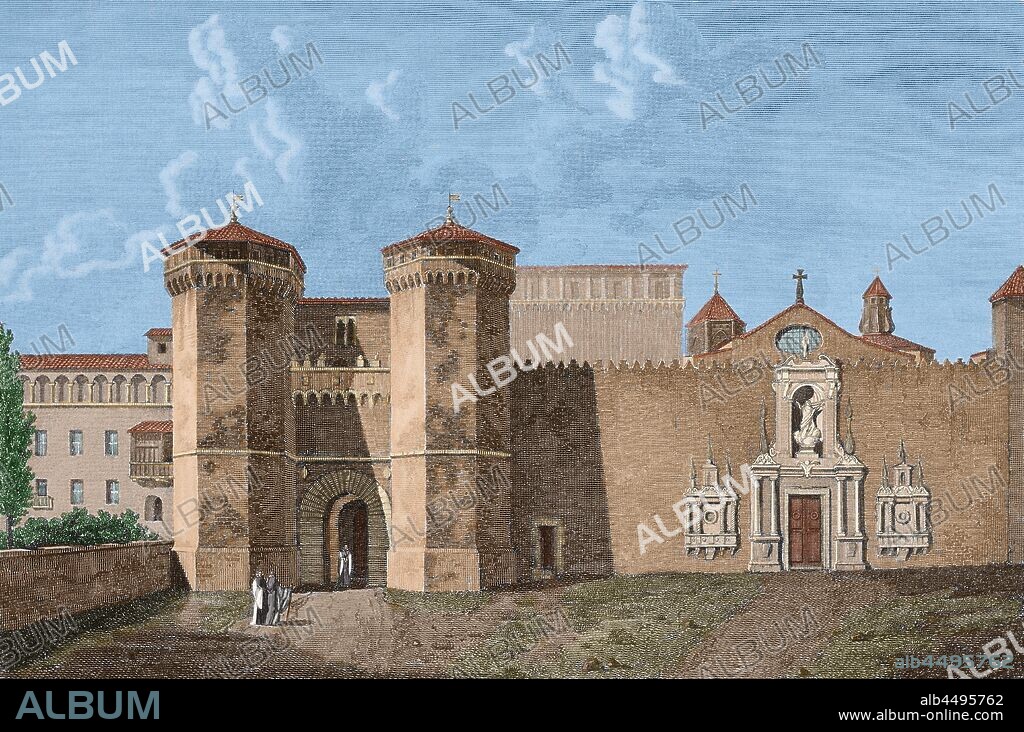 Monasterio de Poblet. Entrada. Vimbodí, provincia de Tarragona, Cataluña. Grabado, Alexandre Laborde (1810-1811). Dibujo por Ligier. Coloreado.