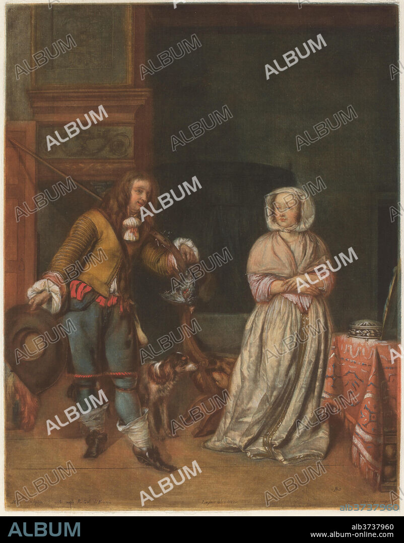 CARLO LASINIO AFTER GABRIEL METSU. Huntsman Visiting a Lady. Dated: 1783/1786. Dimensions: plate: 50.7 × 39.7 cm (19 15/16 × 15 5/8 in.)  sheet: 54 × 43.3 cm (21 1/4 × 17 1/16 in.). Medium: color mezzotint on laid paper.