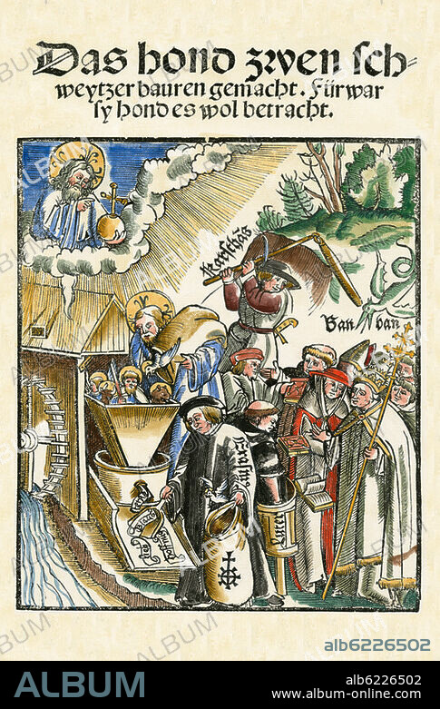 Vorgeschichte der Bauernkriege 1524/25. Hans Füssli u. Martin Seeger: "Das hand zwen schweytzer bauren gemacht. Fürwar sy hond es wol betracht."-Flugschrift, Augsburg (M. Ramminger), 1521.-Titelholzschnitt ("Die göttliche Mühle": Luther u. Erasmus, von "Karsthans" verteidigt, mahlen aus dem Evangelium die Bibel, die vom Papsttum abgelehnt wir...