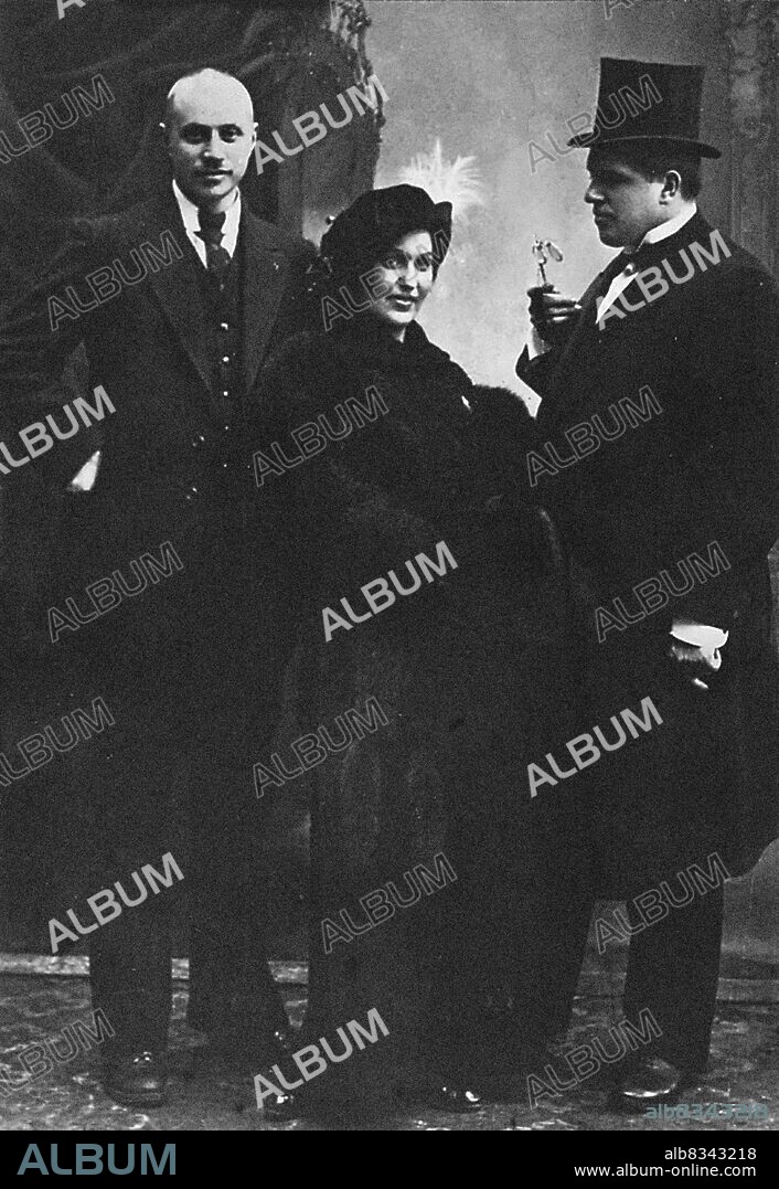 ANONYMOUS. Alexandra Alexandrovna Exter (1882-1949) with David (right) and Vladimir Burliuk. The photograph represents three prominent artists of the Russian avant-garde - the brothers Vladimir (left) and David Burliuk and Alexandra Exter, one of the artists called the "Amazons of the avant-garde." The photo was taken in Kyiv in 1912. The artists met in 1908, and from the same year they regularly participated in exhibitions together.