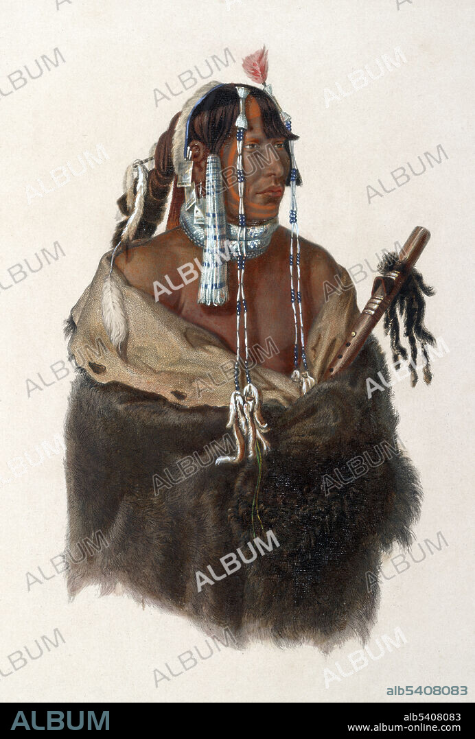 The Mandan are a Native American tribe of the Great Plains who have lived for centuries primarily in what is now North Dakota. The Mandan historically lived along both banks of the Upper Missouri River and two of its tributaries, the Heart and Knife rivers, in present-day North and South Dakota. Speakers of Mandan, a Siouan language, they developed a settled, agrarian culture. They established permanent villages featuring large, round, earth lodges, surrounding a central plaza. Matrilineal families lived in the lodges. The Mandan were a great trading nation, trading especially their large corn surpluses with other tribes in exchange for bison meat and fat. Voyage dans l'interieur de l'Amerique du Nord, execute pendant les annees 1832-34. Karl Bodmer (February 11, 1809, October 30, 1893) was a Swiss printmaker, lithographer, painter, illustrator and hunter.