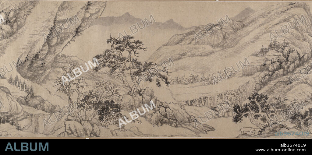 Traveling Amid Streams and Mountains. Artist: Liu Yu (Chinese, 1620-after 1689). Calligrapher: Inscribed by Liu Yu (Chinese, 1620-after 1689). Culture: China. Dimensions: 10 3/8 x 200 1/4 in. (26.4 x 508.6 cm). Date: dated 1680.
Working in the cosmospolitan city of Nanjing, Liu Yu was exposed to a wide range of artistic influences. His volumetric mountain masses arrayed in sweeping patterns reflect the influence of Dong Qichang (1555-1636). The pale, dry brushwork set off by jet black foliage dots suggests familiarity with the Anhui School painters, while the fantastic landscape formations and bold juxtapositions of deep distance views with startling close-ups show his indebted-ness to earlier Nanjing painters such as Wu Bin (act. ca. 1583-1626). This fusion of styles was further developed by the great Individualist master Shitao (1642-1707), who lived in Nanjing between 1680 and 1686.