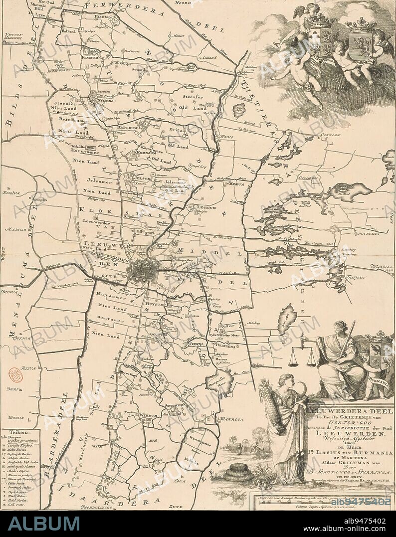 Map of the municipality of Leeuwarderadeel, Leeuwerdera part the first municipality of Ooster goo (...) (title on object), bottom left legend. Top right the arms of Leeuwarderadeel and the city of Leeuwarden. Bottom right cartouche with title and administrative information about the grietenij. Around it Ceres, Justitia and the coat of arms of grietman Jonker Laes van Burmania. Underneath a scale stick: Maat van 1200 konings roeden, zynde een uire gaans, ende welker 2000 maaken een gemeene Duytze myle, van 15 in een graad., print maker: Caspar Luyken, (attributed to), Bernardus Schotanus à Sterringa, (mentioned on object), publisher: François Halma, (mentioned on object), print maker: Amsterdam, Friesland, publisher: Leeuwarden, 1698 and/or 1718, paper, engraving, etching, height 550 mm × width 425 mm.
