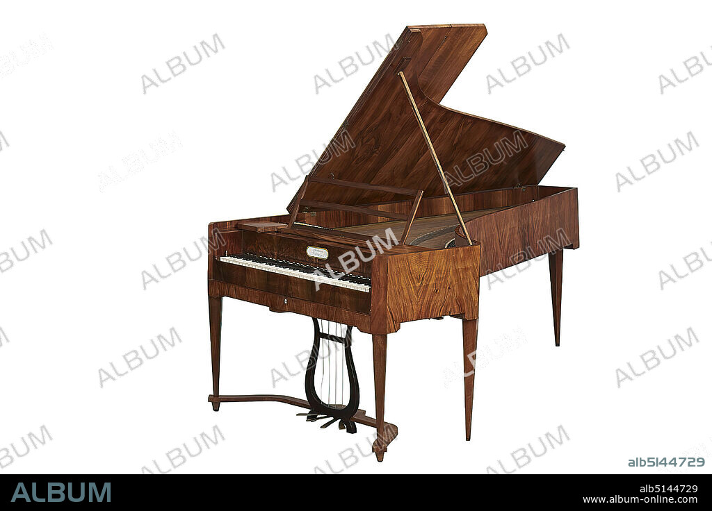 Joseph Brodmann, fortepiano, walnut, spruce, ebony, wood, Total: Length: 2300 mm; Width: 1195 mm; Height: 870 mm, Inscription: above the keys on an inserted oblong oval porcelain plate: Brodmann, in Vienna, Josephstadt No. 40, keyboard instruments, classicism.