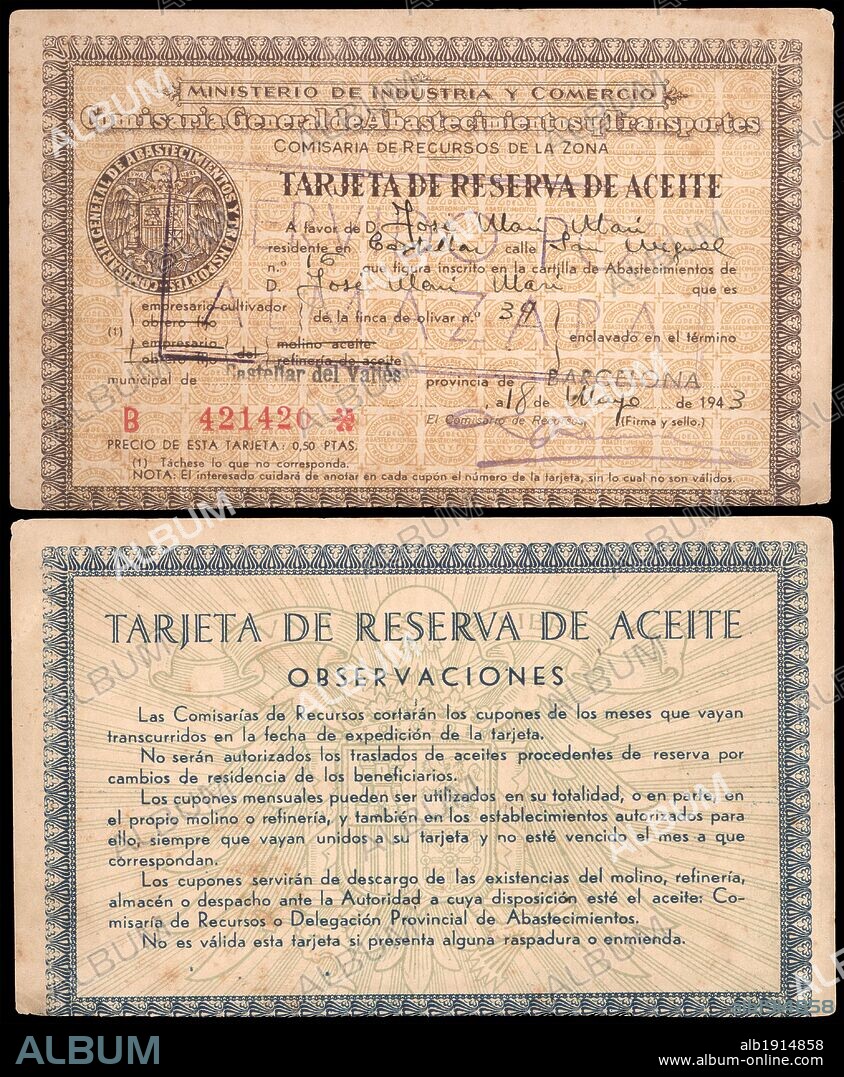 Tarjeta de racionamiento de aceite de mayo de 1943, con las observaciones al dorso. Catalunya.