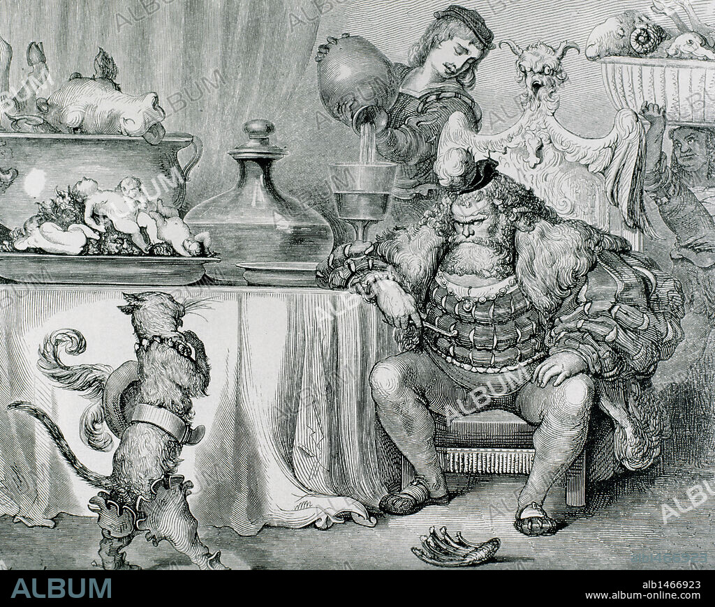 PAUL GUSTAVE DORÉ (basado en). LITERATURA FRANCESA. CHARLES PERRAULT (1628-1703). Escritor francés. "EL GATO CON BOTAS. EL OGRO RECIBIO TANTA COMIDA COMO PUDO COMER". Grabado de Gustave Doré.