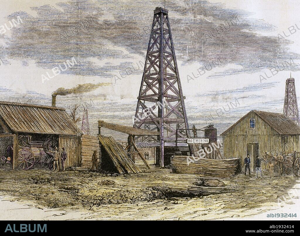HISTORIA DE LOS ESTADOS UNIDOS. Siglo XIX. "EXTERIOR DE UN POZO DE PETROLEO EN EL VALLE DE OIL-CREEK". Grabado coloreado de "La Ilustración Española y Americana" (año 1872) .