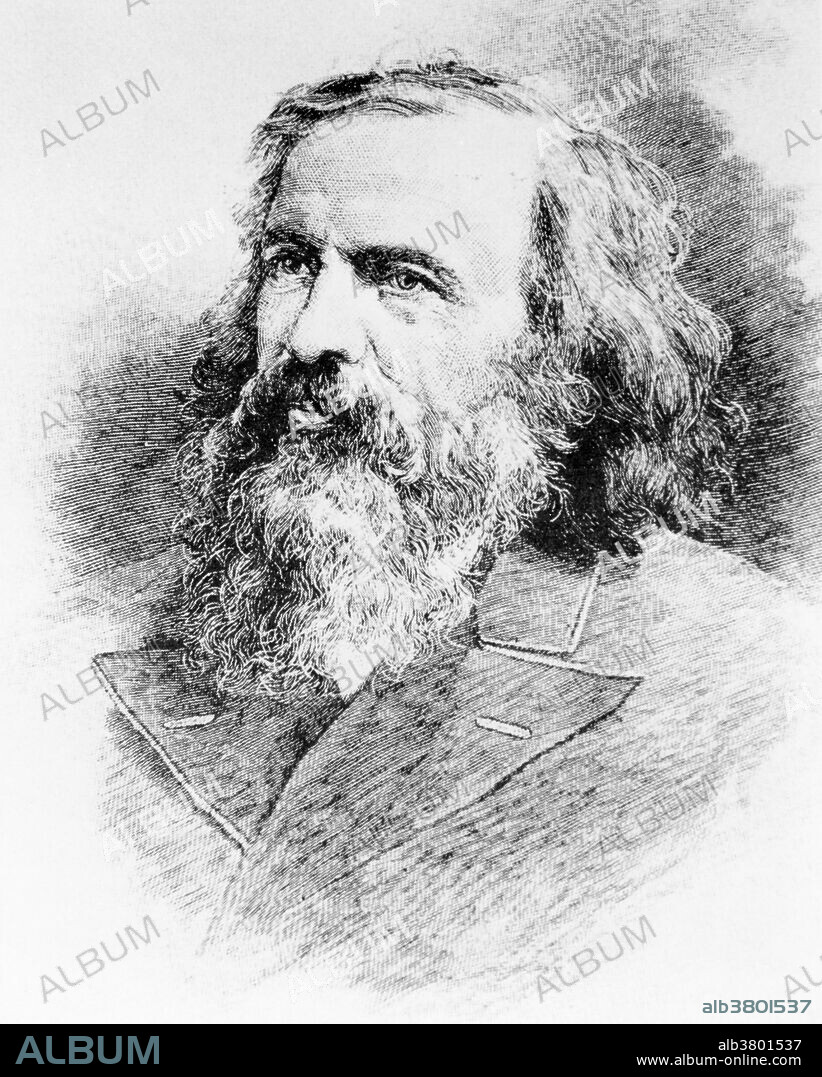 Dmitri Ivanovich Mendeleev (February 8, 1834 - February 2, 1907) was a Russian chemist, inventor and credited as being the creator of the first version of the periodic table of elements. Using the table, he predicted the properties of elements yet to be discovered. In 1863 there were 56 known elements with a new element being discovered at a rate of approximately one per year. After becoming a teacher, Mendeleev wrote the definitive textbook of his time: Principles of Chemistry (two volumes, 1868-70). As he attempted to classify the elements according to their chemical properties, he noticed patterns that led him to postulate his periodic table which described elements according to both atomic weight and valence. The Russian chemist and science historian Lev Chugaev has characterized him as "a chemist of genius, first-class physicist, a fruitful researcher in the fields of hydrodynamics, meteorology, geology, certain branches of chemical technology (explosives, petroleum, and fuels) and other disciplines adjacent to chemistry and physics, a thorough expert of chemical industry and industry in general, and an original thinker in the field of economy." He died in 1907 from influenza at the age of 72.