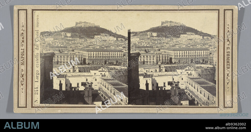 View of Naples with a castle, Largo castello dal Castel nuovo (title on object), Napoli (series title on object), Giorgio Sommer (mentioned on object), Naples, c. 1860 - c. 1880, photographic support, cardboard, albumen print, height 84 mm × width 173 mm.
