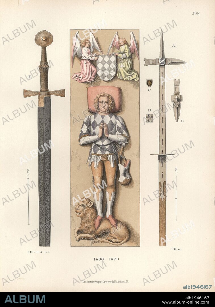 Knight of the mid 15th century in battle armour with weapons. He wears a checkered tunic over stocking, with two angels above holding his coat of arms. The weapons include a war hammer A and sword E. From the Dresden Print Museum, Wurzburg Historical Society, and Munich Museum. Chromolithograph from Hefner-Alteneck's "Costumes, Artworks and Appliances from the early Middle Ages to the end of the 18th Century," Frankfurt, 1883. IIlustration drawn by Hefner-Alteneck, lithographed by C. Regnier, and published by Heinrich Keller. Dr. Jakob Heinrich von Hefner-Alteneck (1811-1903) was a German archeologist, art historian and illustrator. He was director of the Bavarian National Museum from 1868 until 1886.