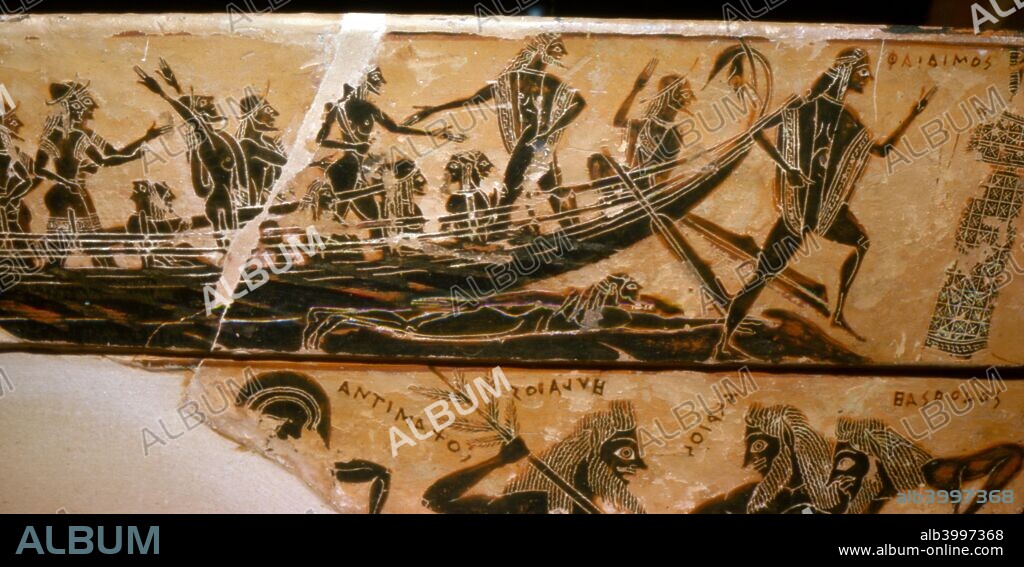 Detail from the Francois Vase, c6th century BC. Greek Vase signed by Clitias (painter) and Ergotimos (potter), c560 BC. Large Attic volute krater decorated in the black-figure style.  Now at Archaeological Museum, Florence.