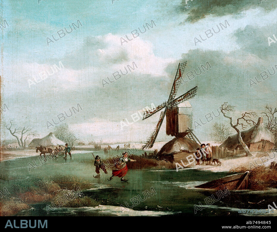 HEINRICH WILHELM SCHWEICKHARDT. Schweickhardt, Heinrich Wilhelm 1746-1797. "Eisvergnügen" (Winterlandschaft mit Windmühle und Eisläufern), undat. Öl auf Holz, 28,8 × 35,8 cm. Privatsammlung , 2002.