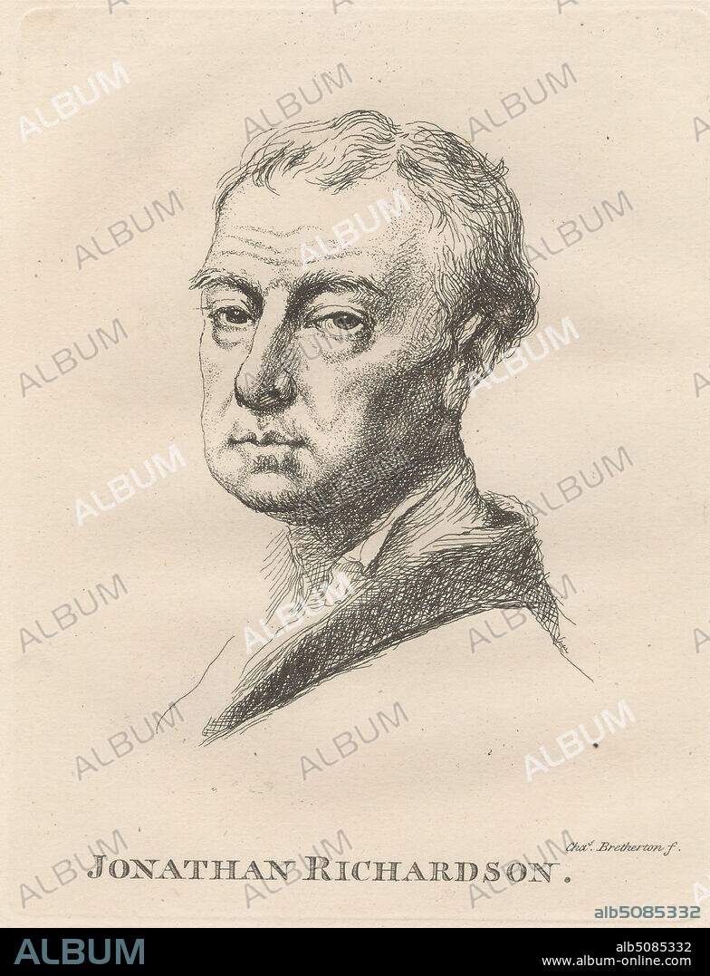 Jonathan Richardson, Print made by Charles Bretherton, ca. 17601783, British, after Jonathan Richardson the Elder, 16671745, British, undated, Etching on moderately thick, slightly textured, cream wove paper, Sheet: 11 7/8 x 9 1/4 inches (30.1 x 23.5 cm), Plate: 6 3/4 x 5 3/16 inches (17.2 x 13.2 cm), and Image: 4 3/4 x 3 1/4 inches (12.1 x 8.3 cm), bust, coat, collar, man, painter, portrait, self-portrait, writer.