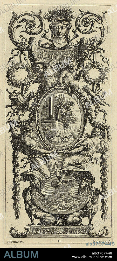 MICHEL DORIGNY, AFTER SIMON VOUET. Ornamental Panel Surmounted with a Head Flanked by Foliage. Dated: 1647. Dimensions: sheet: 45 × 23.2 cm (17 11/16 × 9 1/8 in.)  plate: 24.5 × 11.2 cm (9 5/8 × 4 7/16 in.). Medium: etching with engraving on laid paper.