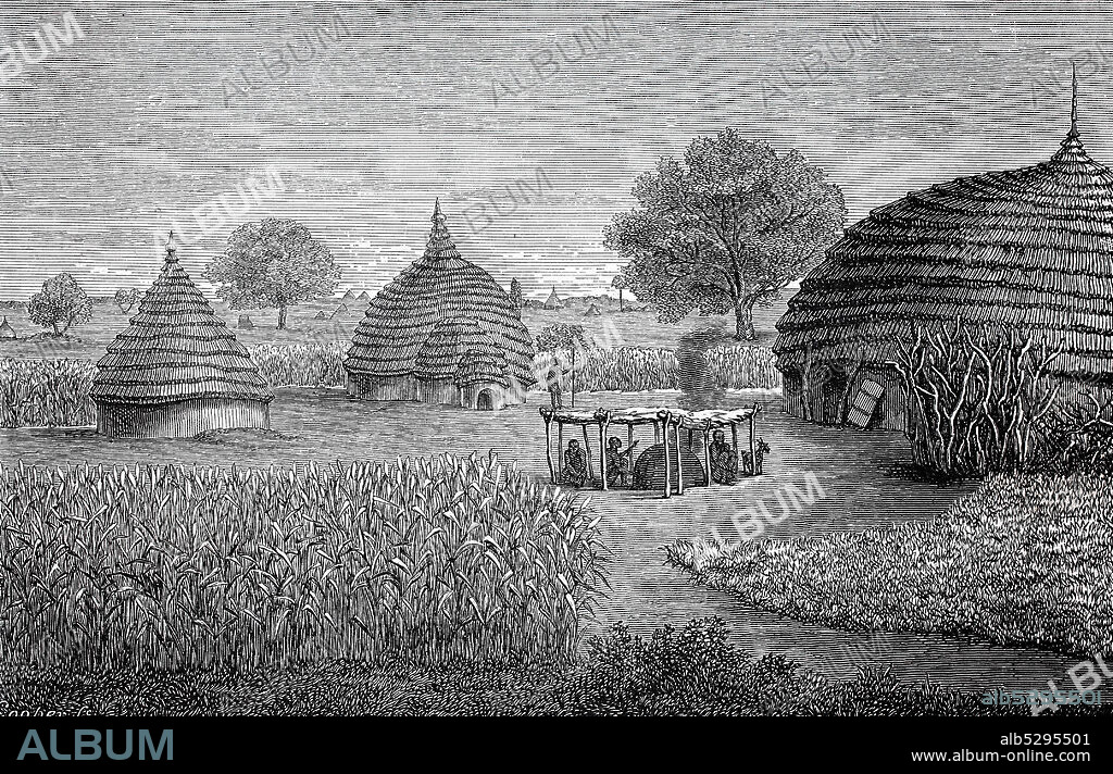 Aboriginal farm from the Dinka tribe, Africa, on the Upper Nile, Sudan  /  Bauernhof der Ureinwohner vom Stamm der Dinka, Afrika, am oberen Nil, Sudan, Reproduction of an original print from the 19th century, digital improved / Reproduktion einer Vorlage aus dem 19. Jahrhundert, digital verbessert.