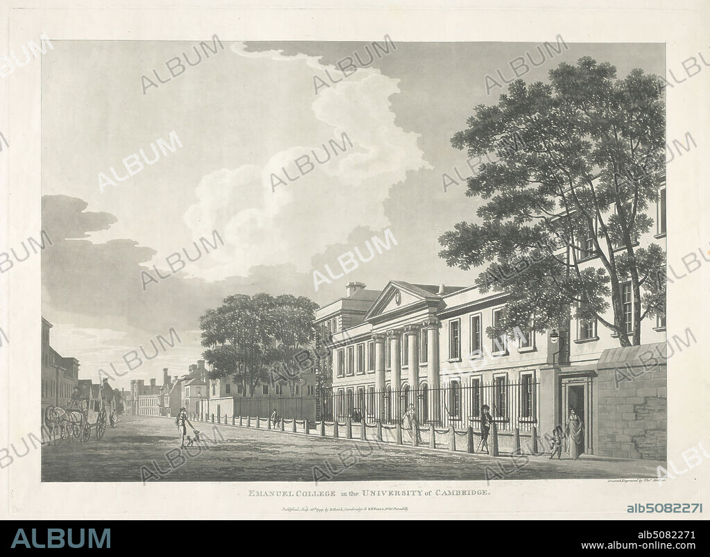 Cambridge University: Emmanuel College, Thomas Malton the Younger, 17481804, British, 1799, Aquatint with etched outline on moderately thick, moderately textured, cream, wove paper, Sheet: 19 1/2 × 26 5/16 inches (49.5 × 66.8 cm), Plate: 16 × 21 7/8 inches (40.6 × 55.6 cm), and Image: 13 7/8 × 19 13/16 inches (35.2 × 50.3 cm).