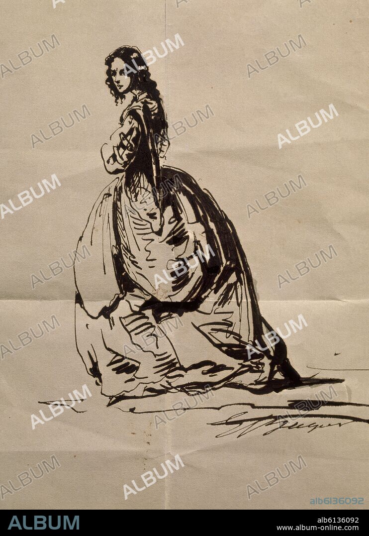 GUSTAVO ADOLFO BECQUER (1836-1870). DIBUJO DE DAMA A PLUMA.