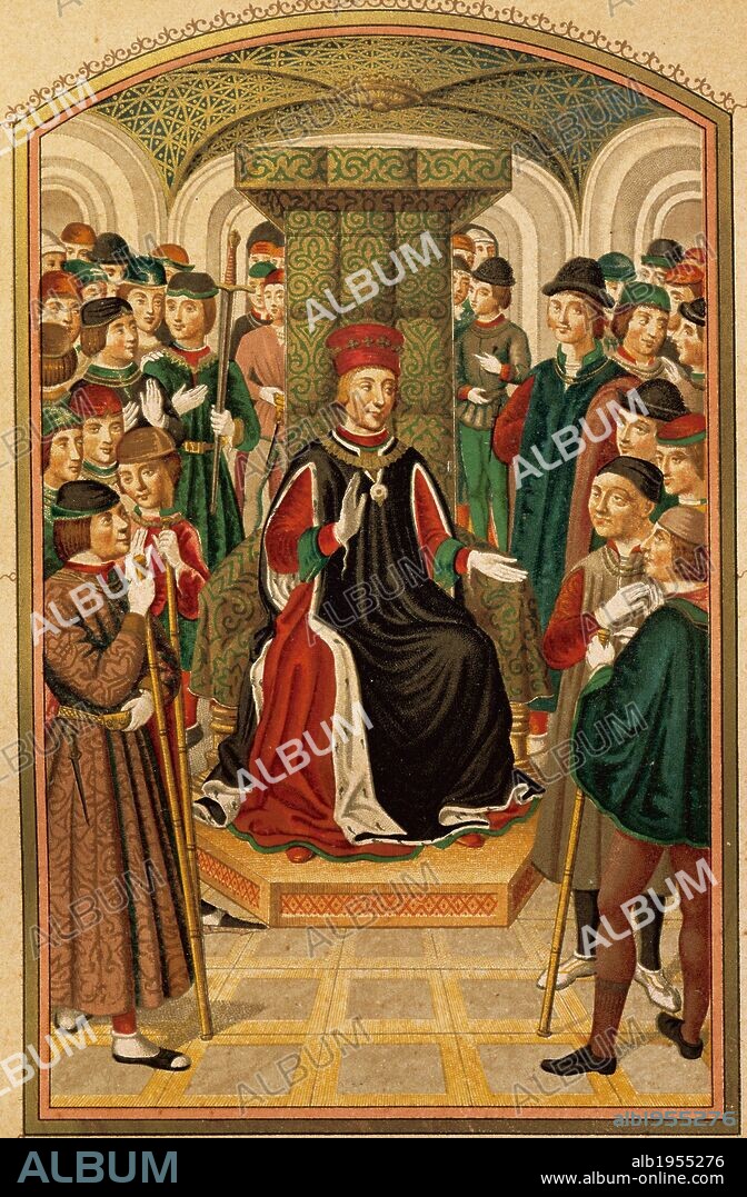ALFONSO V de Aragón y IV de Cataluña, "EL MAGNANIMO" (1396-Nápoles, 1458). Rey de la Corona de Aragón (1416-1458) y de Nápoles (1442-1458). Dirigió una política que tenía como objetivo arrebatar a Génova la hegemonía sobre el Mediterráneo "LLIBRE DELS FETS E DITS DEL GRAN REY ALFONS". Manuscrito del siglo XV. Facsímil de una miniatura de la obra. Biblioteca de la Universidad de Barcelona. Cataluña.