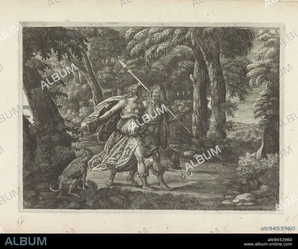 Aurora and Cephalus, Metamorphoses of Ovid (series title), Aurora walks through the forest with Cephalus, with whom she is in love. Cephalus is accompanied by his hunting dog and holds the magic spear he had received from his wife Procris., print maker: Magdalena van de Passe, publisher: Crispijn van de Passe (II), (attributed to), c. 1636 - 1670, paper, engraving, height 167 mm × width 232 mm.