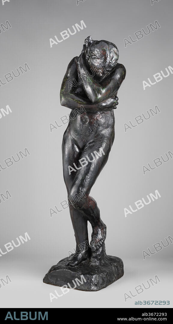 Eve. Artist: Auguste Rodin (French, Paris 1840-1917 Meudon). Culture: French. Dimensions: Overall (wt. confirmed): 68 1/2 × 20 1/2 × 23 1/2 in., 635 lb. (174 × 52.1 × 59.7 cm, 288 kg). Date: modeled 1881, cast 1910.
Rodin intended Eve and the towering Adam to flank his monumental bronze doorway, The Gates of Hell. There, the biblical progenitors of humanity would have stood as perpetual witnesses to the consequences of their sin--bodily death and the damnation of souls. As an independent sculpture, Eve is a physical manifesto of remorse; her body twisted in suffering, her face imprisoned within a gesture of anguish. The bronze casts of Adam and Eve were commissioned for The Met in 1910 from plaster models in the sculptor's studio.