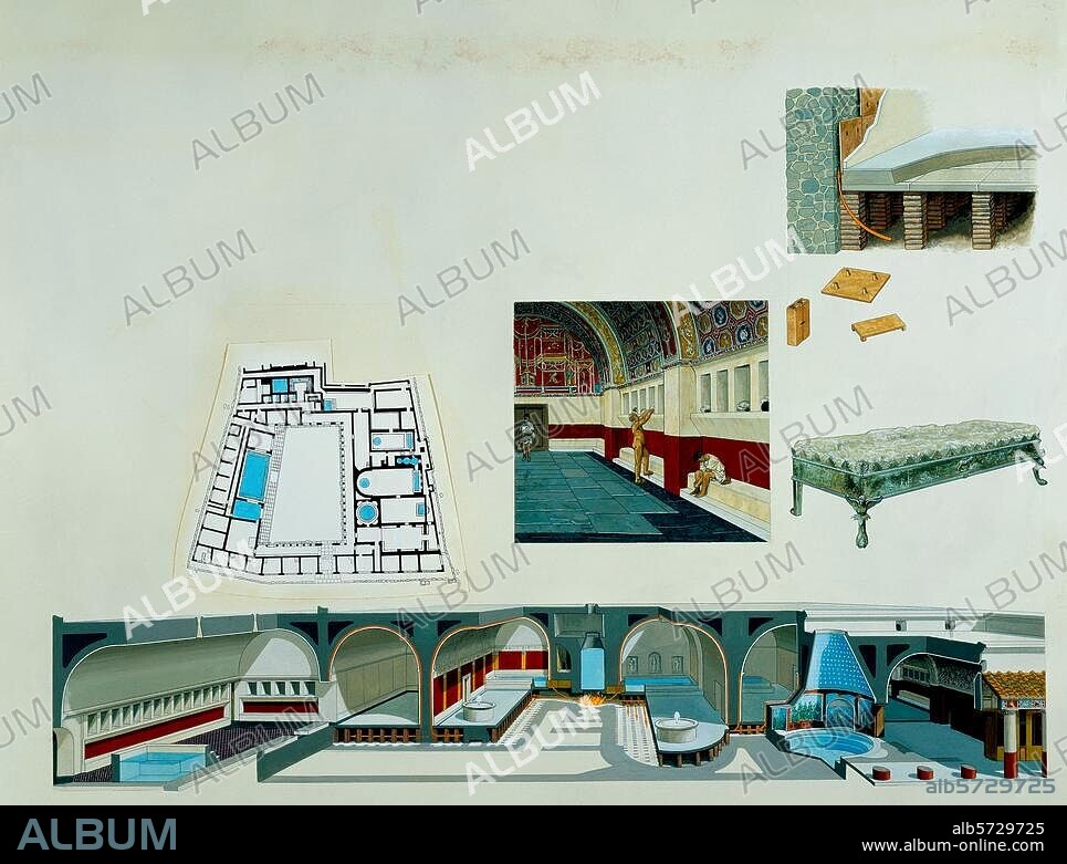 Pompeji (Italien), Stabianer Thermen (2. Jh. v. Chr.). Rekonstruktion: Längsschnitt durch die Badeanlagen, eingeteilt in Männerund Frauenbad (re. u. li.); oben: Grundriß der Thermen, Umkleideraum für Männer, große bronzene Kohlenpfanne und die Hypokaustanlage unter dem Fußboden. Aquarelle von Peter Connolly (1935-2012).