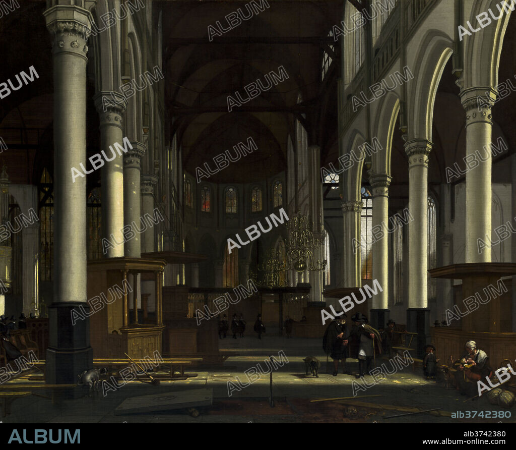 EMANUEL DE WITTE. The Interior of the Oude Kerk, Amsterdam. Dated: c. 1660. Dimensions: overall: 80.5 x 100 cm (31 11/16 x 39 3/8 in.)  framed: 122.6 x 141.1 x 7.3 cm (48 1/4 x 55 9/16 x 2 7/8 in.). Medium: oil on canvas.