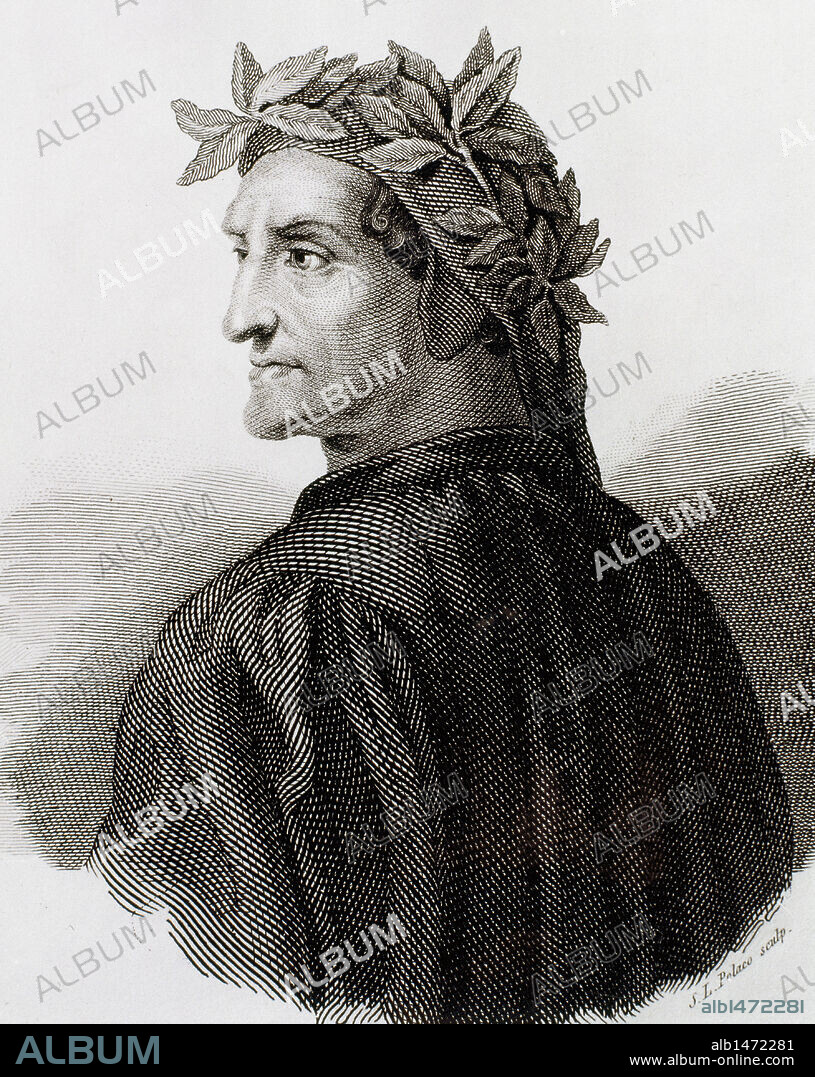 DANTE ALIGHIERI (1265-1321). Poeta italiano, autor de "La Divina Comedia" (1307-1321). Grabado.