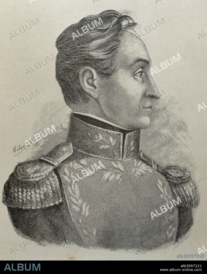 BOLIVAR, Simón (Caracas,1793-Santa Marta,1830). Militar y estadista venezolano, llamado "el Libertador". Grabado de "Americanos Célebres, año 1888.