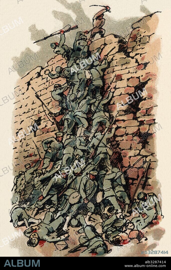 APEL·LES MESTRES I OÑÓS. Guerra Ruso-Japonesa (1904-1905). Batalla del Mar Amarillo. Sitio de Port-Arthur. Una pirámide humana formada por soldados japoneses asaltan y conquistan la fortificación defendida por los rusos. Cromo de Chocolates Amatller. Año 1905.