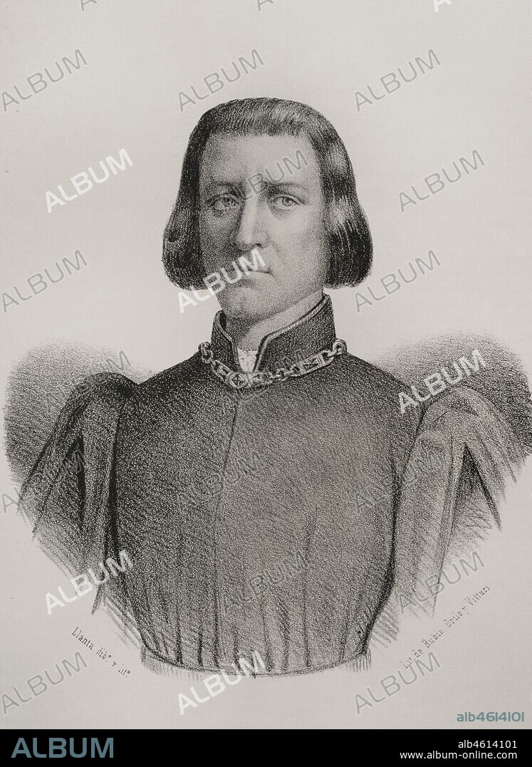 Ausiàs March (1397-1459). Poeta español. Ilustración por Llanta. Litografía. Crónica General de España. Historia Ilustrada y Descriptiva de sus Provincias. Tomo Valencia,1867.